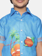 Sethukrishna Boys Traditional Boys Blue & White Printed Shirt with Dhoti