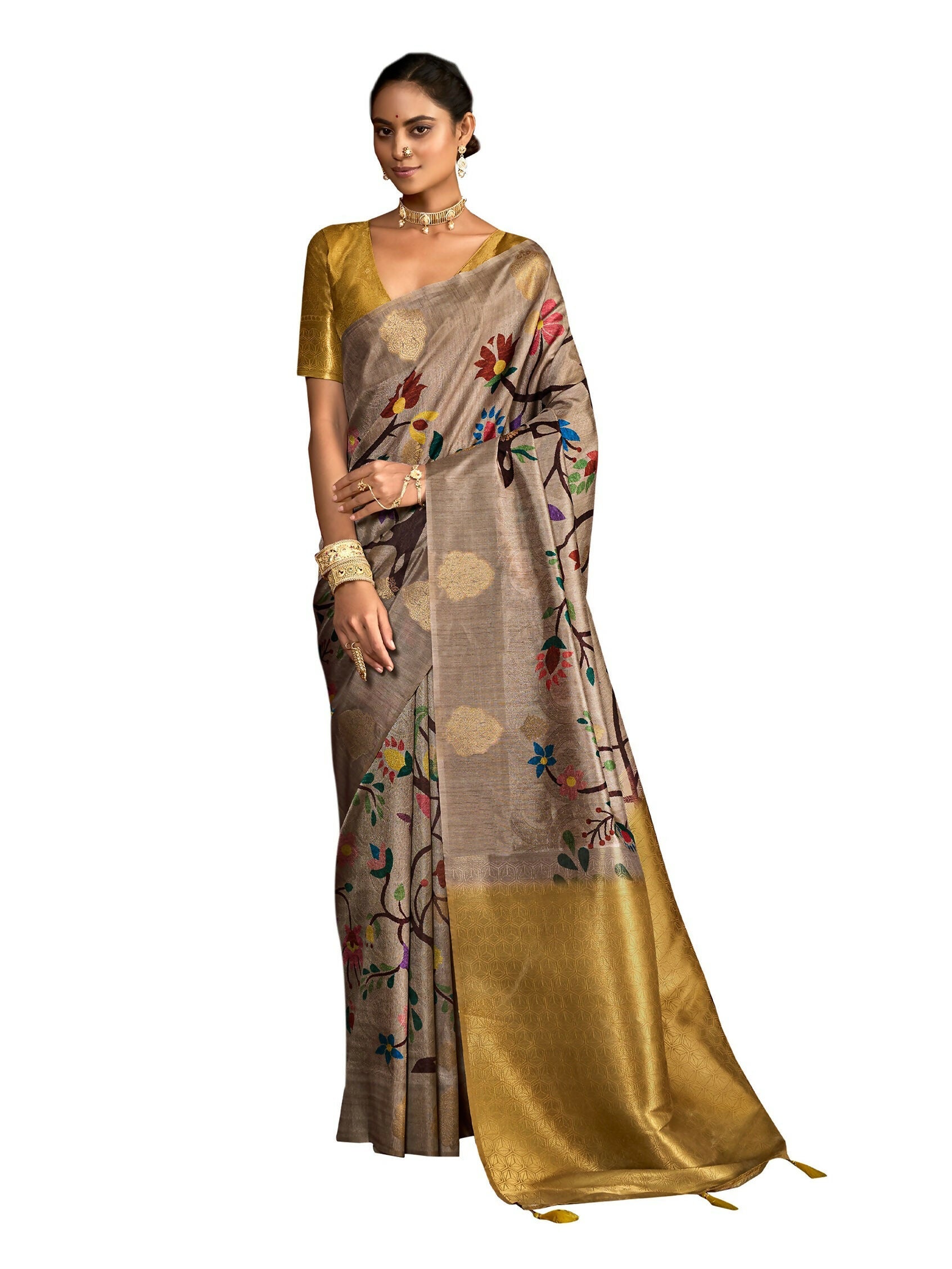 Joban Fashion Multi Color Soft Silk Weaving Fabric With Digital Jamdani Print With Jacquard Rich Pallu & Blouse With Spring Tassels - Distacart