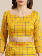 Saree Mall Mustard & Coral Checked Silk Cotton Sarees