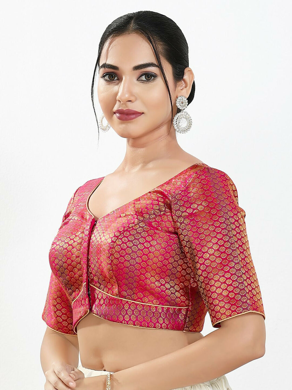 Joban Fashion Pink Brocade Padded Blouse With Sweetheart Neck Elbow Sleeves - Distacart