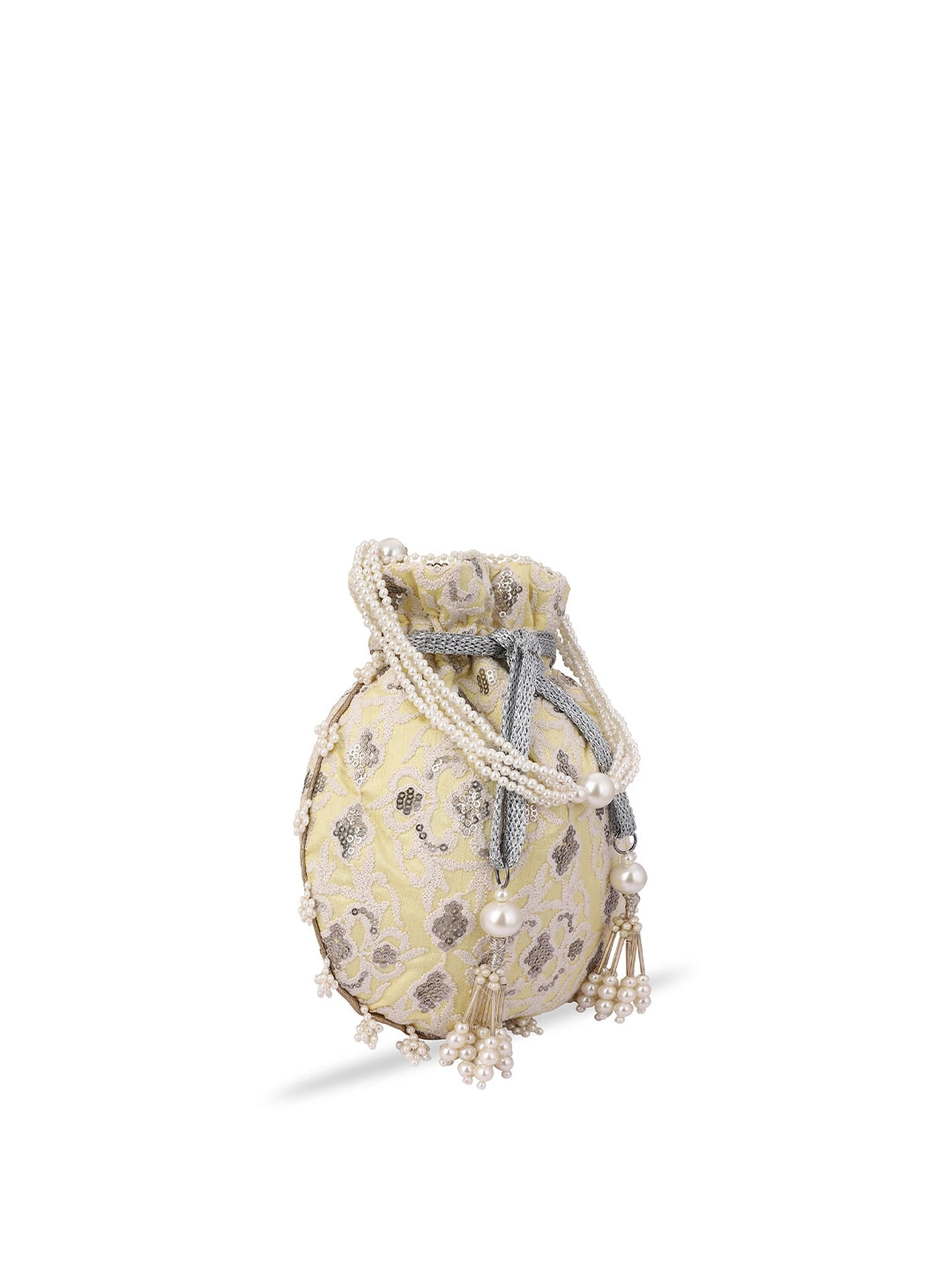 Masq Women Yellow & Grey Embellished Embroidered Potli Clutch - Distacart