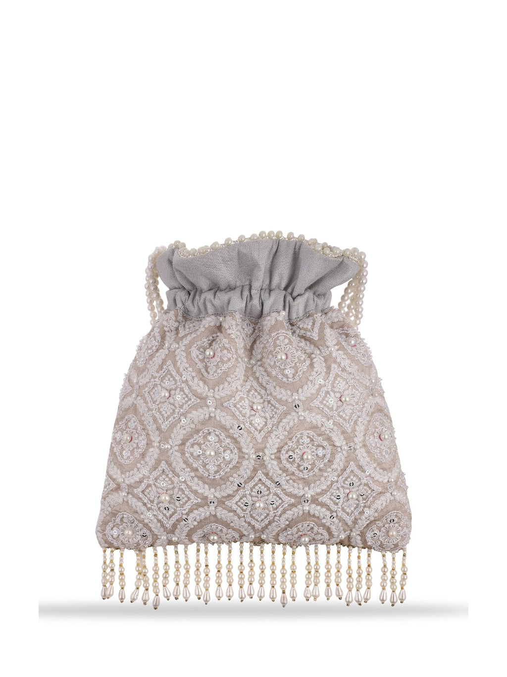 Masq Tan & White Embroidered Potli Clutch - Distacart
