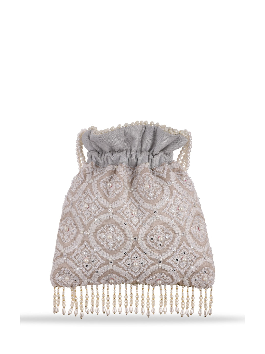 Masq Tan & White Embroidered Potli Clutch - Distacart
