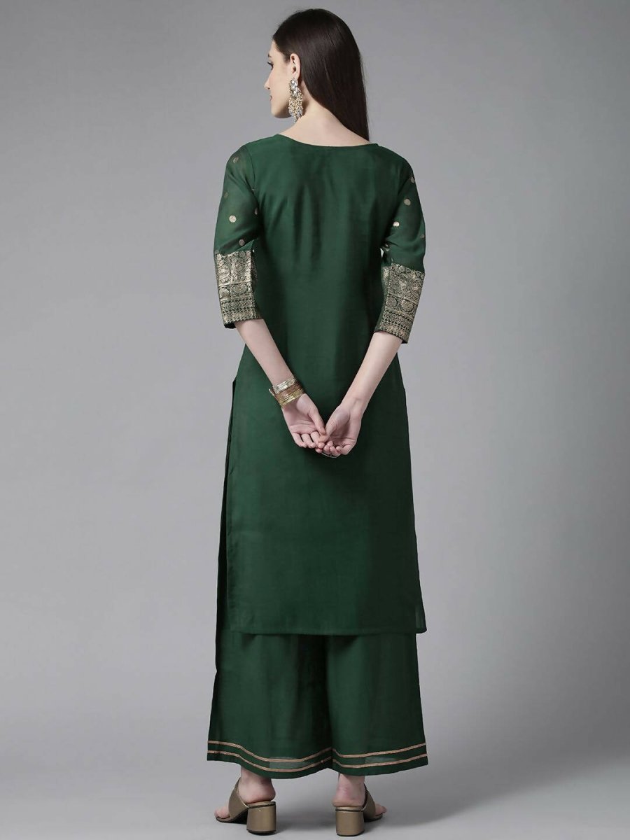 Ahalyaa Womens Dark Green Chanderi Gold Foil Printed Kurta Palazzo Set - Distacart