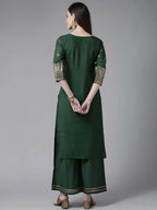 Ahalyaa Womens Dark Green Chanderi Gold Foil Printed Kurta Palazzo Set - Distacart