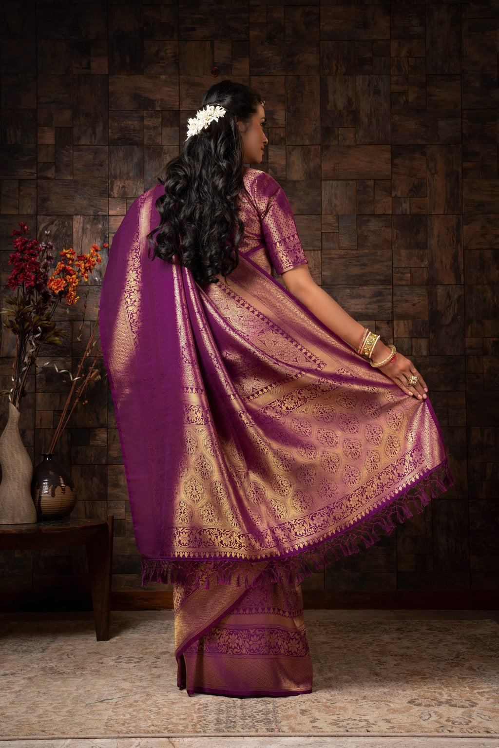 Vardha Mauve Wine Golden Zari Brocade Kanjeevaram Silk Saree