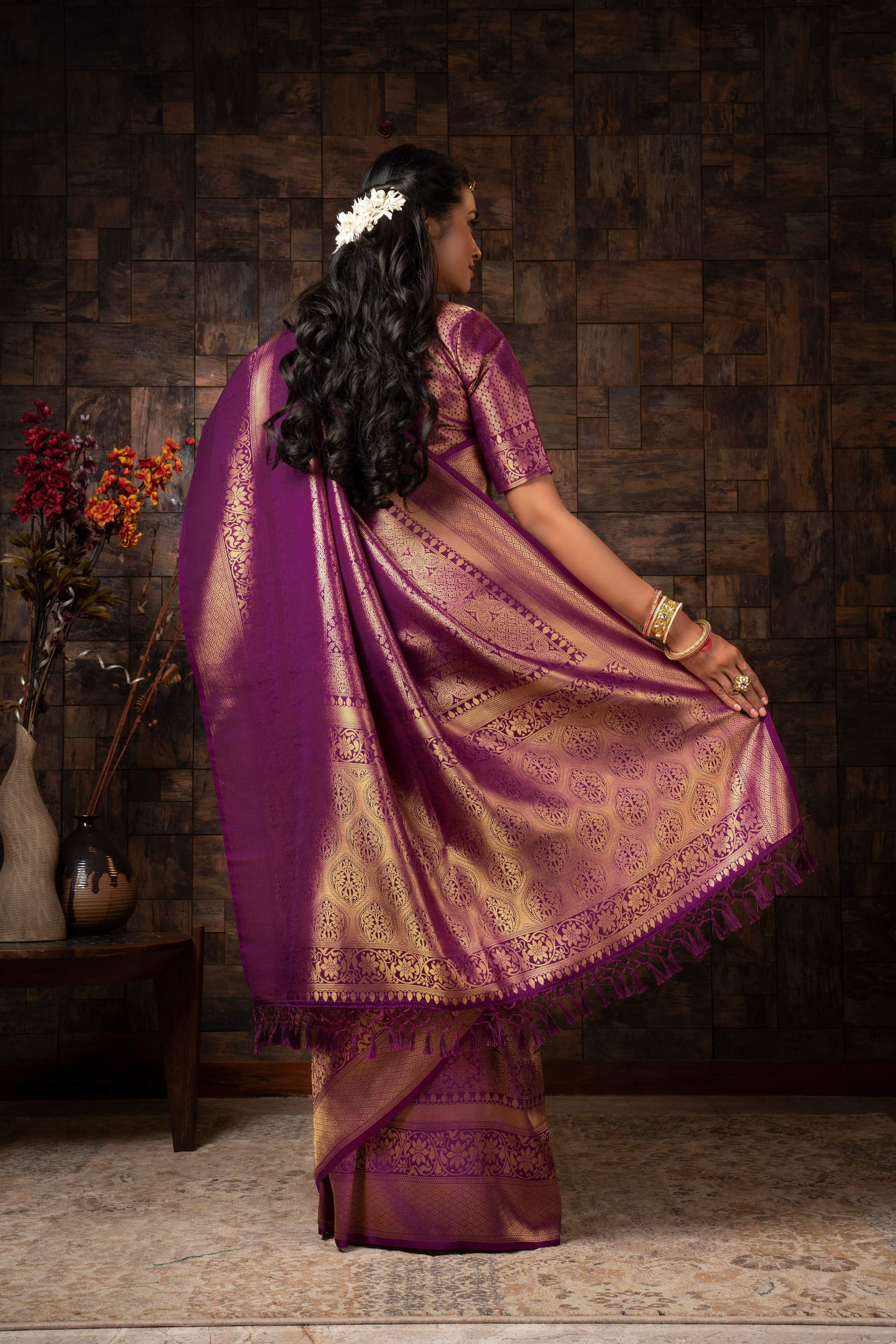 Vardha Mauve Wine Golden Zari Brocade Kanjeevaram Silk Saree