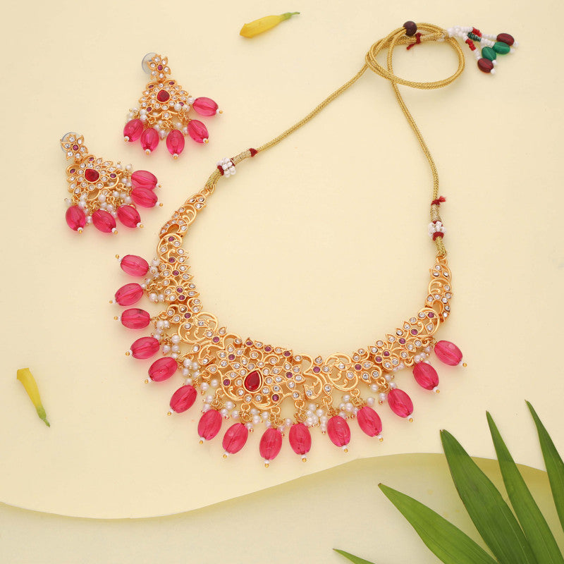 Tehzeeb Creations Gold-Polished Pink Colour Necklace With Stud
