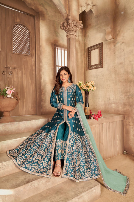 Anaita Teal Embroidered Art Silk Anarkali Suit