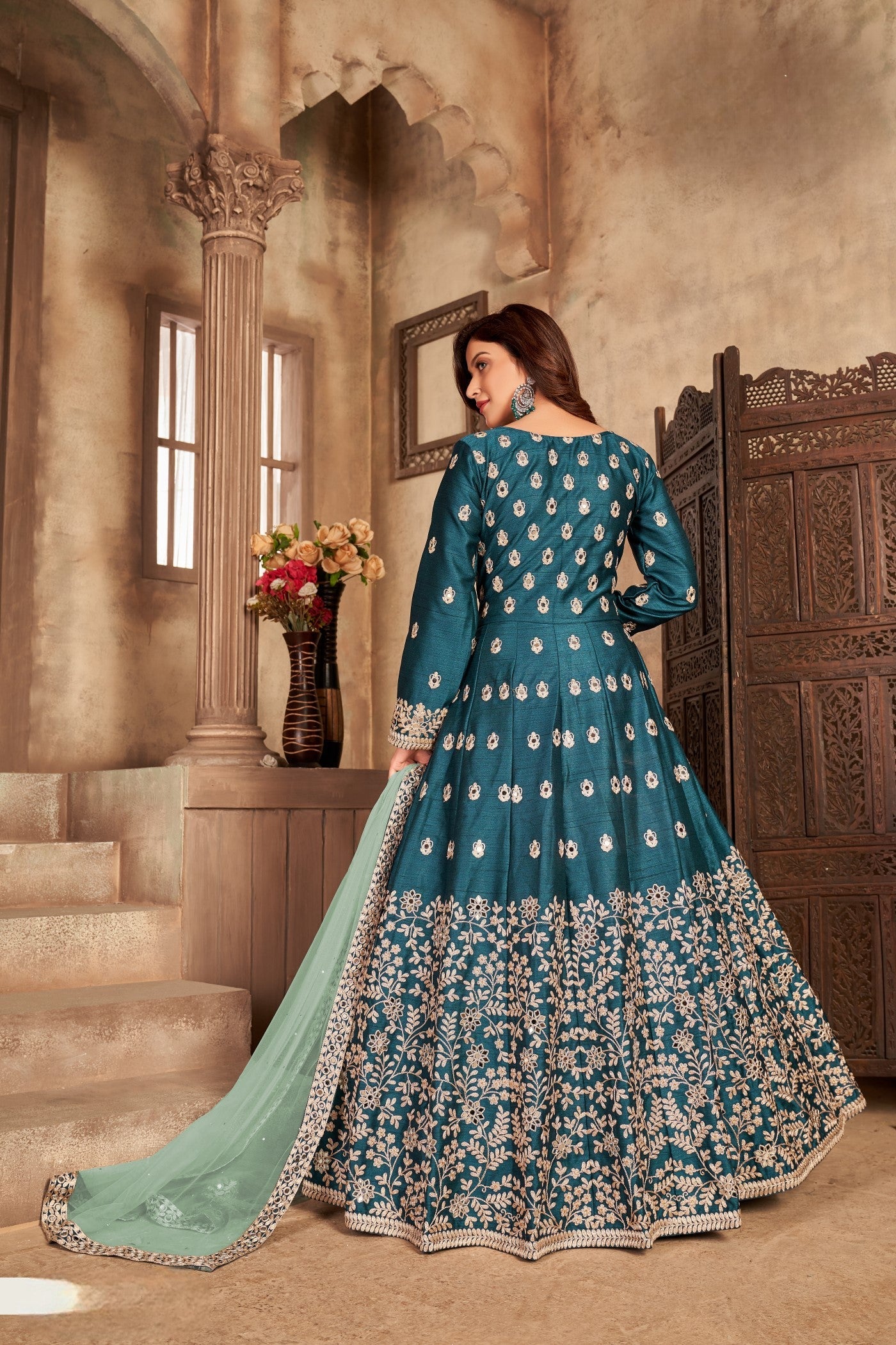 Anaita Teal Embroidered Art Silk Anarkali Suit - Distacart