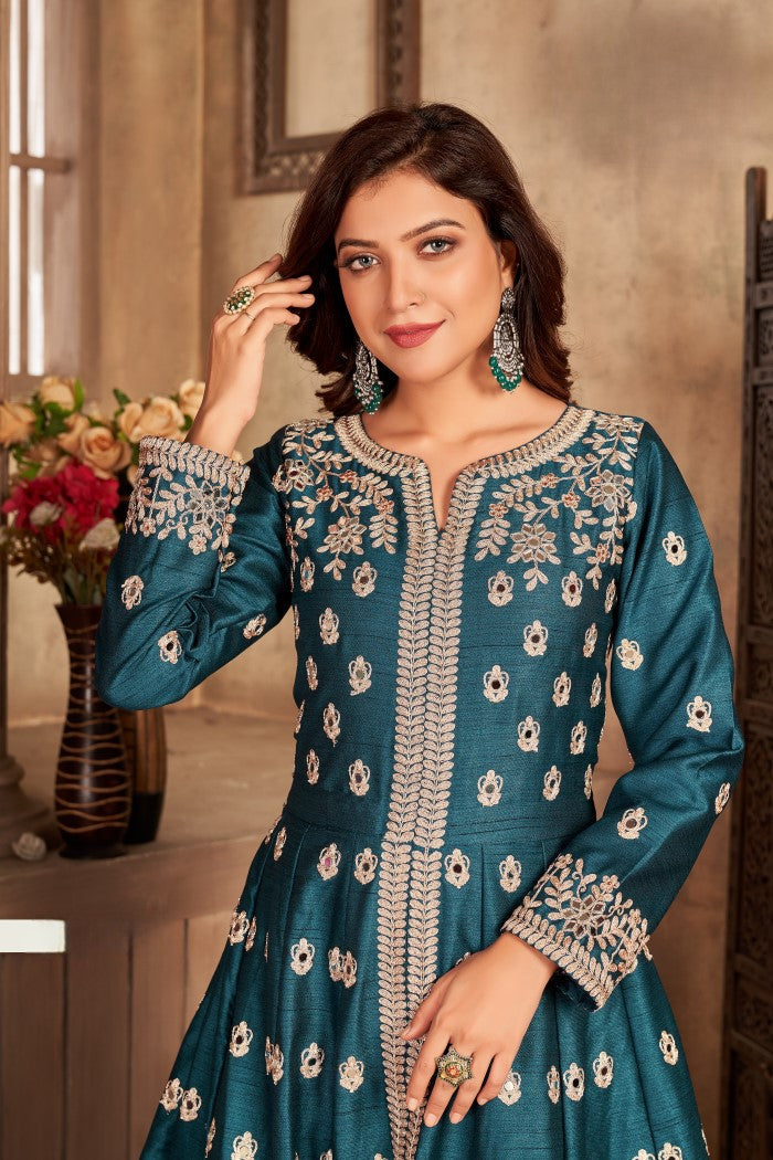 Anaita Teal Embroidered Art Silk Anarkali Suit - Distacart