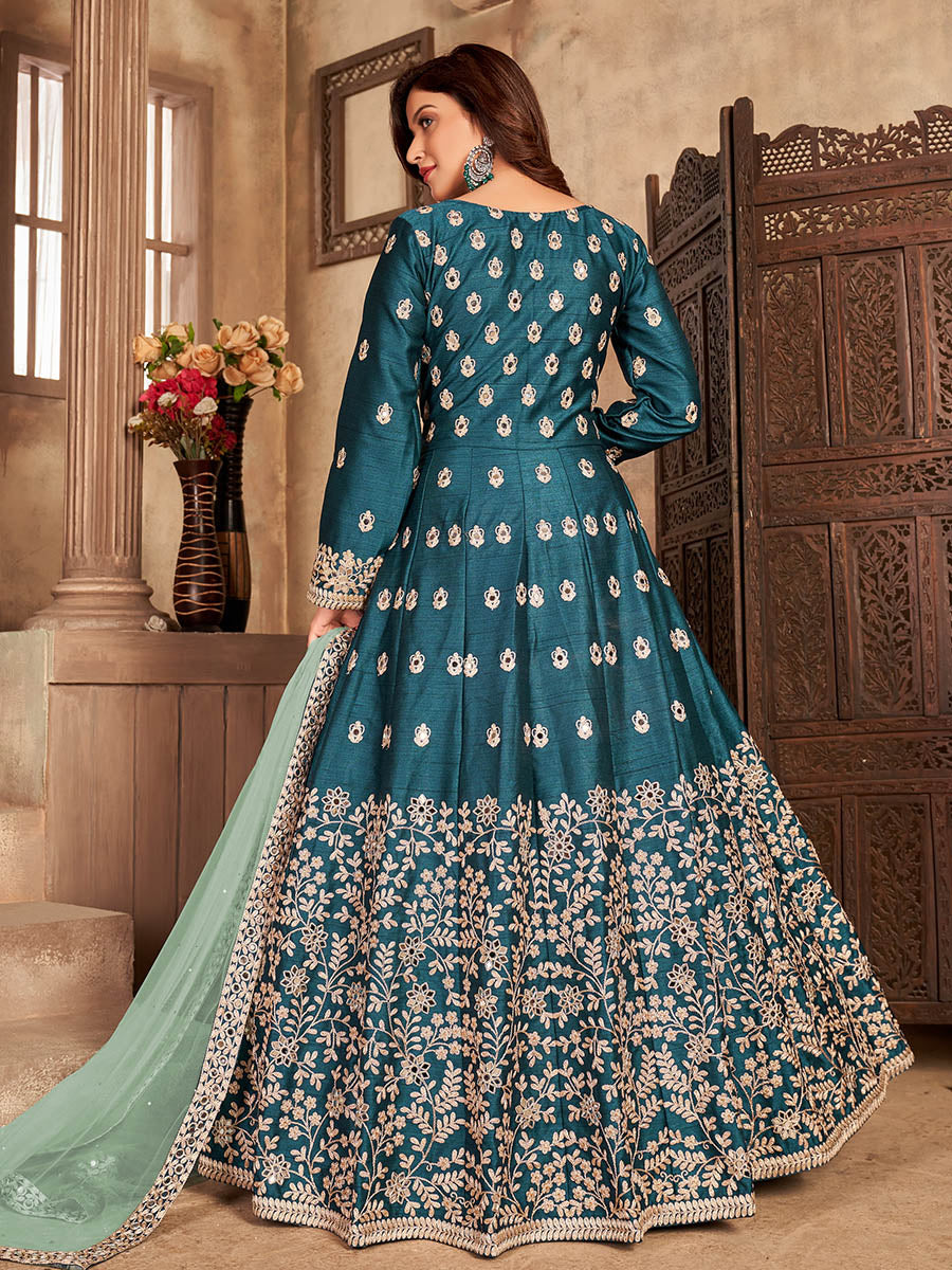 Myra Teal Art Silk Embroidered Anarkali Suit