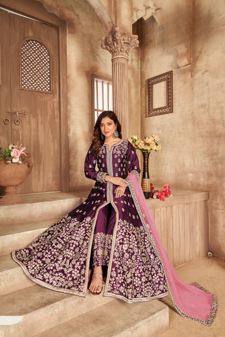 Anaita Purple Embroidered Art Silk Anarkali Suit
