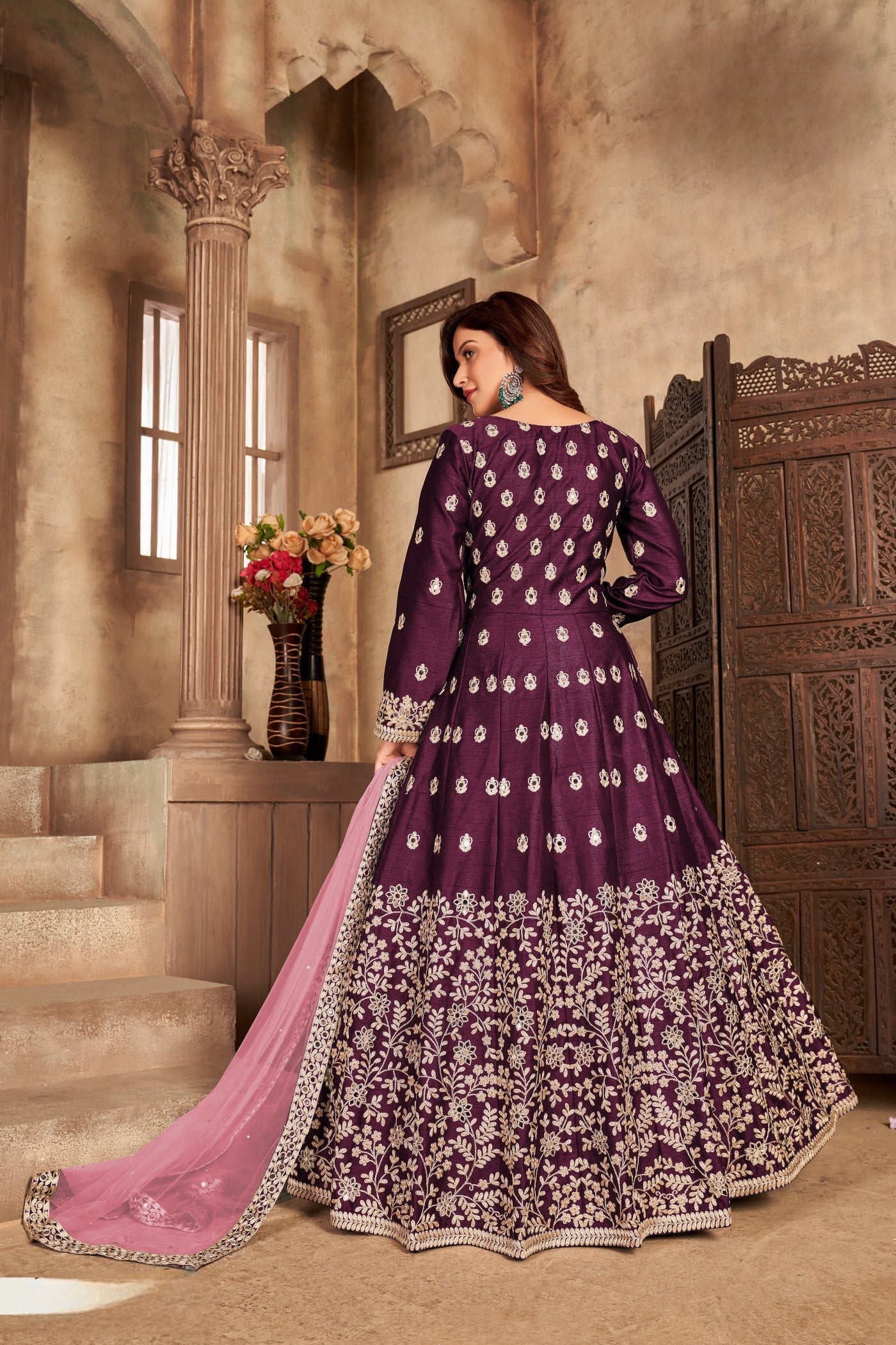 Anaita Purple Embroidered Art Silk Anarkali Suit - Distacart
