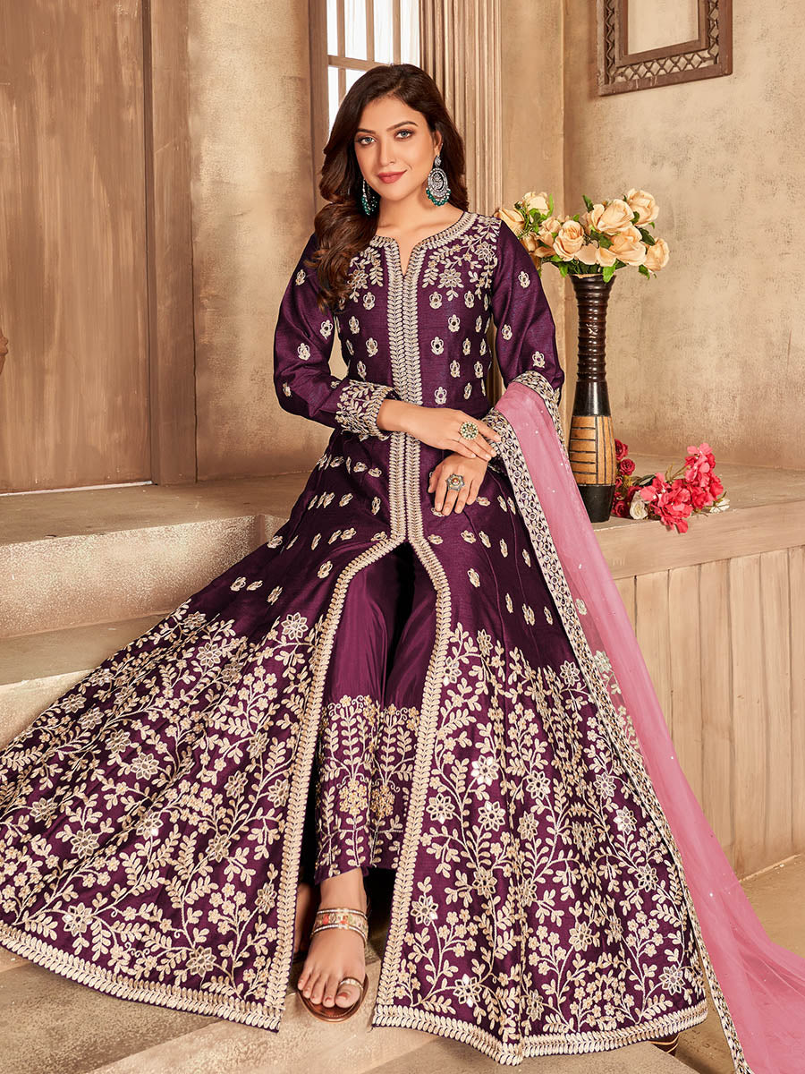 Myra Wine Art Silk Embroidered Anarkali Suit
