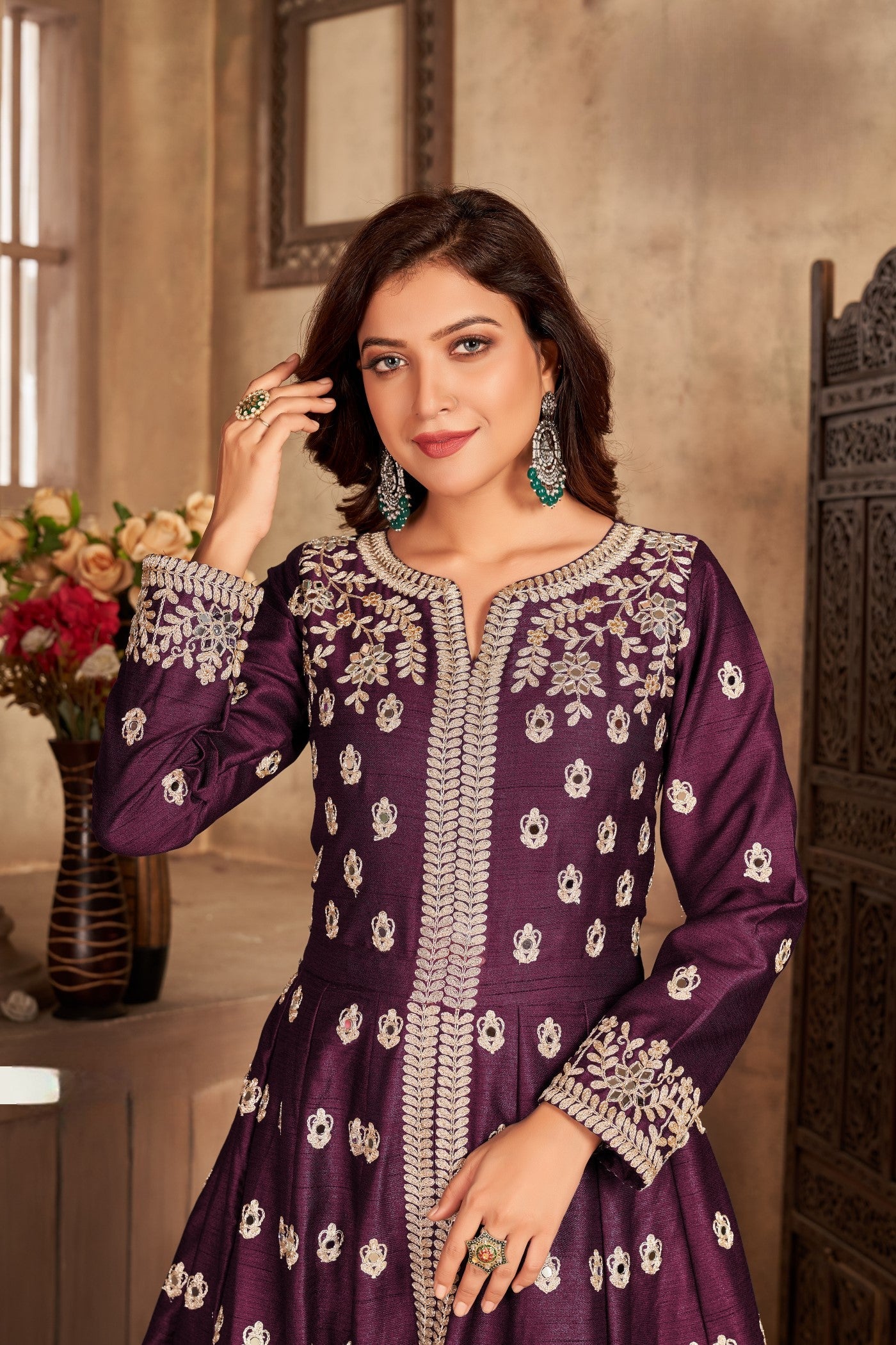 Anaita Purple Embroidered Art Silk Anarkali Suit - Distacart