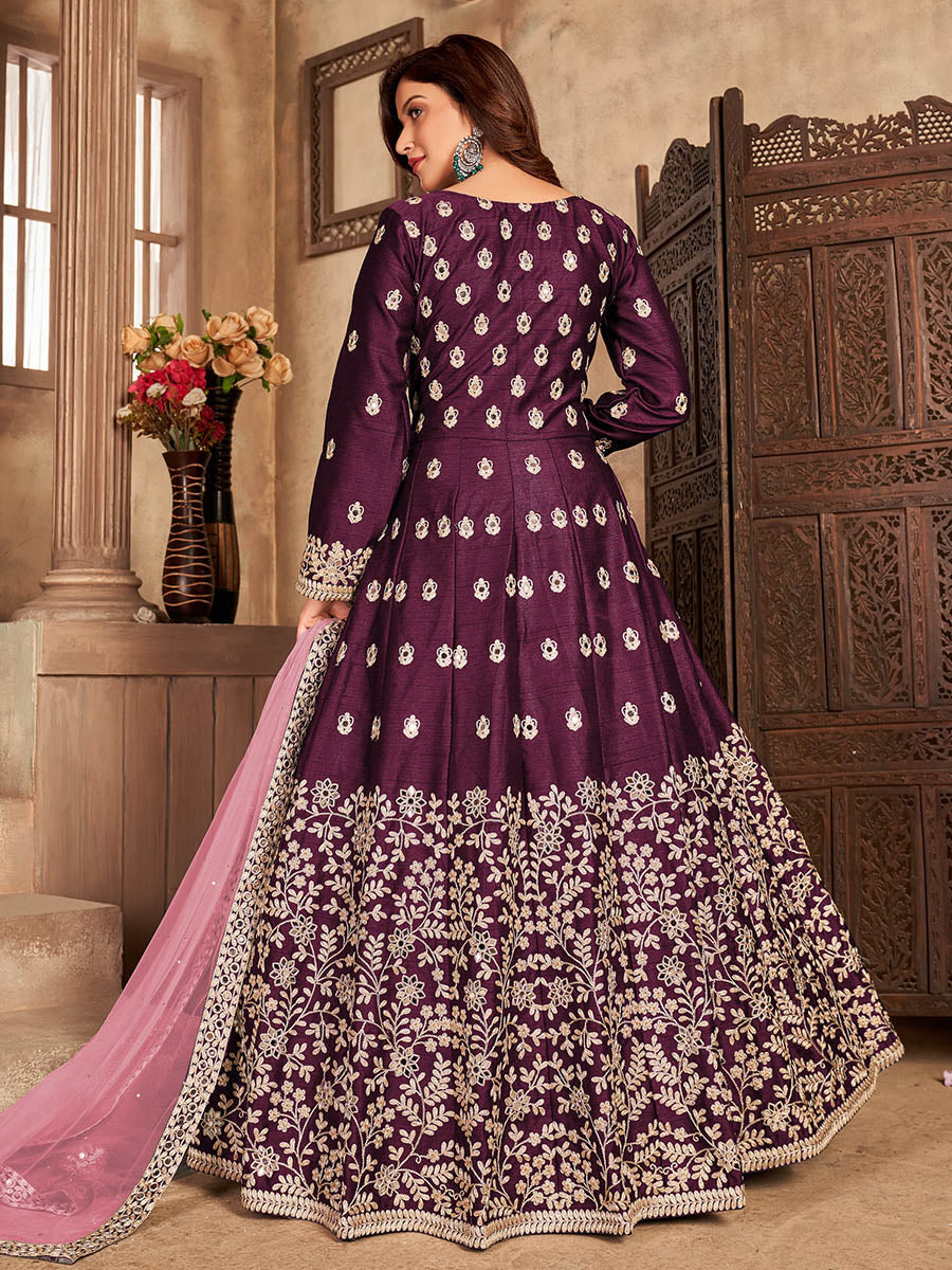 Myra Wine Art Silk Embroidered Anarkali Suit