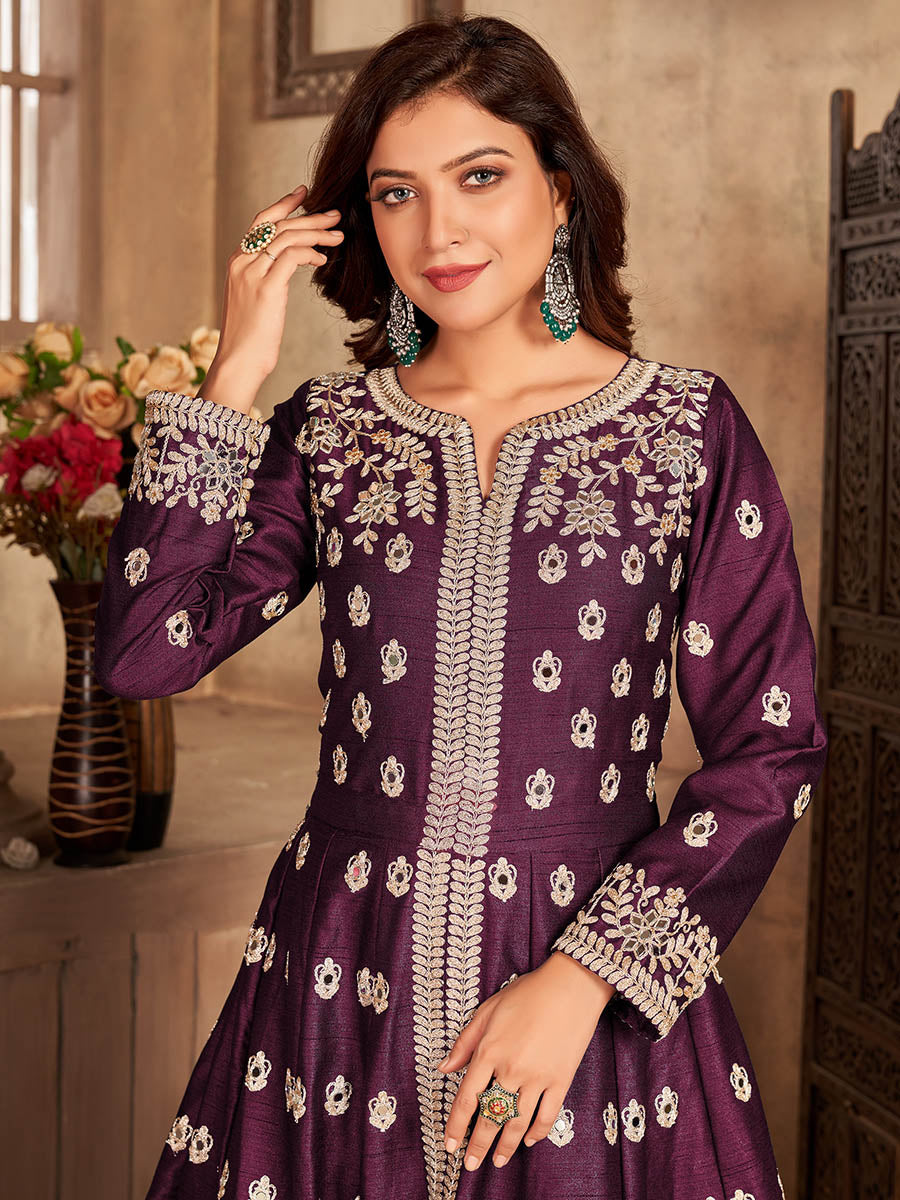 Myra Wine Art Silk Embroidered Anarkali Suit