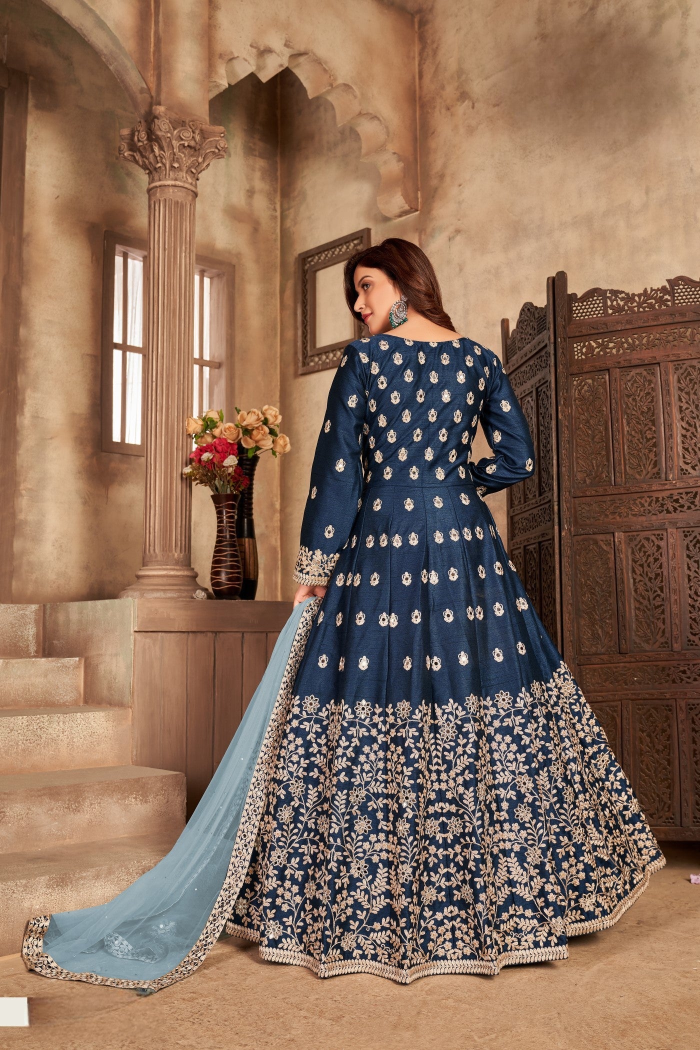 Anaita Navy Blue Embroidered Art Silk Anarkali Suit - Distacart