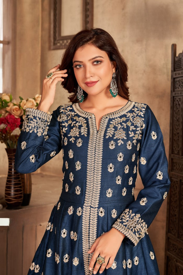 Anaita Navy Blue Embroidered Art Silk Anarkali Suit - Distacart