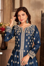 Anaita Navy Blue Embroidered Art Silk Anarkali Suit - Distacart