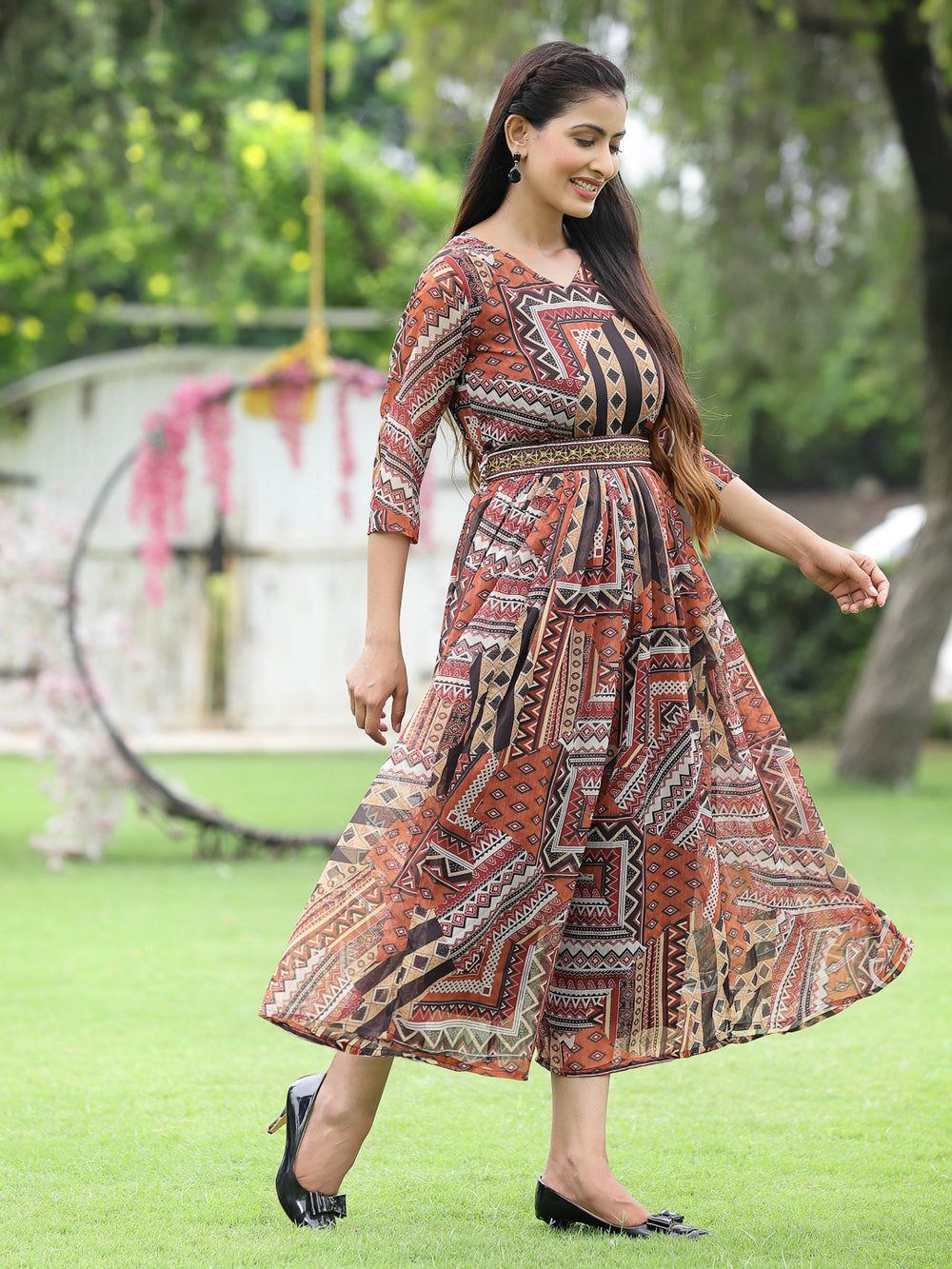 Juniper Brown Multi Chiffon Festive Printed Flared Jump Suit For Women - Distacart