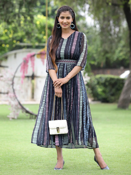 Juniper Black Multi Chiffon Festive Printed Flared Jump Suit For Women