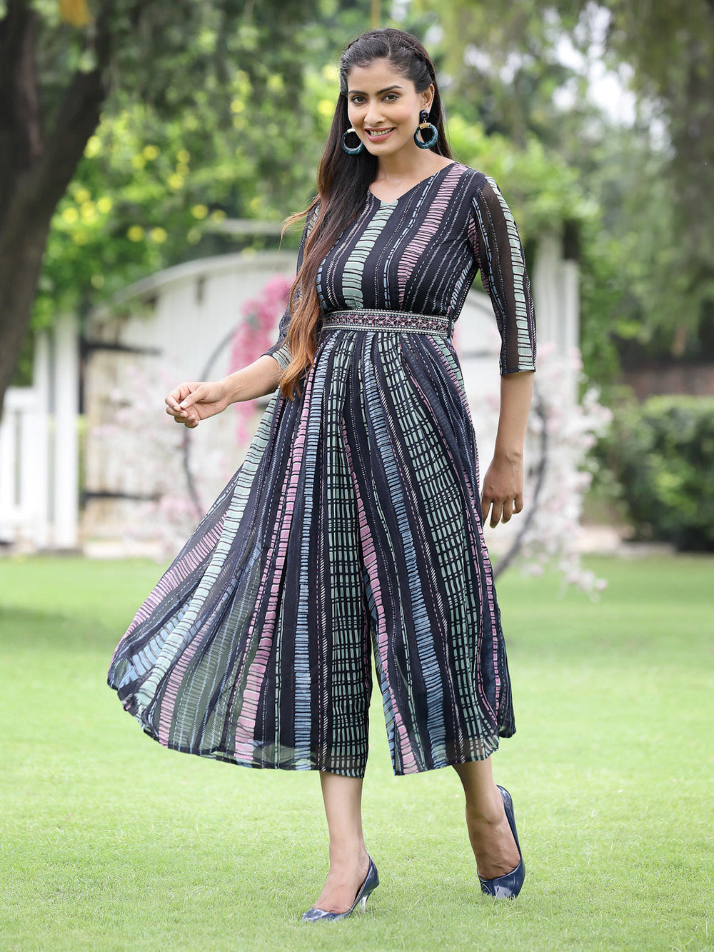Juniper Black Multi Chiffon Festive Printed Flared Jump Suit For Women - Distacart