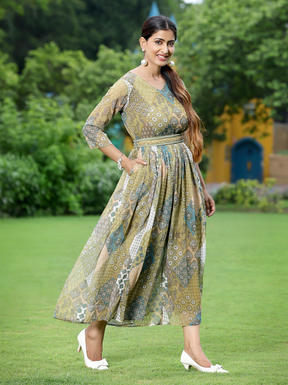 Juniper Green Multi Chiffon Festive Printed Flared Jump Suit For Women - Distacart