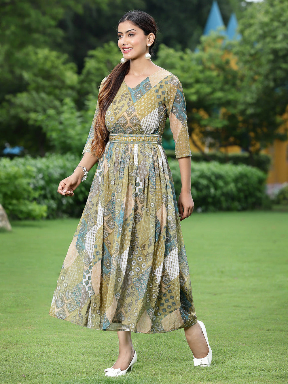 Juniper Green Multi Chiffon Festive Printed Flared Jump Suit For Women - Distacart