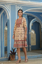 Juniper Beige Rayon Festive Printed Tiered Short Dress For Women - Distacart