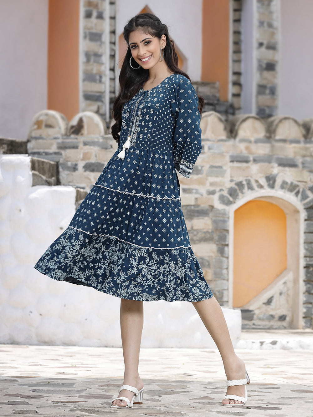 Juniper Women's Blue Rayon Printed Tiered Short Dress - Distacart