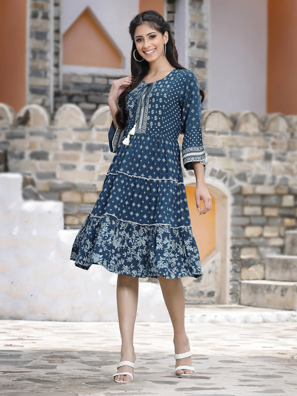 Juniper Women's Blue Rayon Printed Tiered Short Dress - Distacart