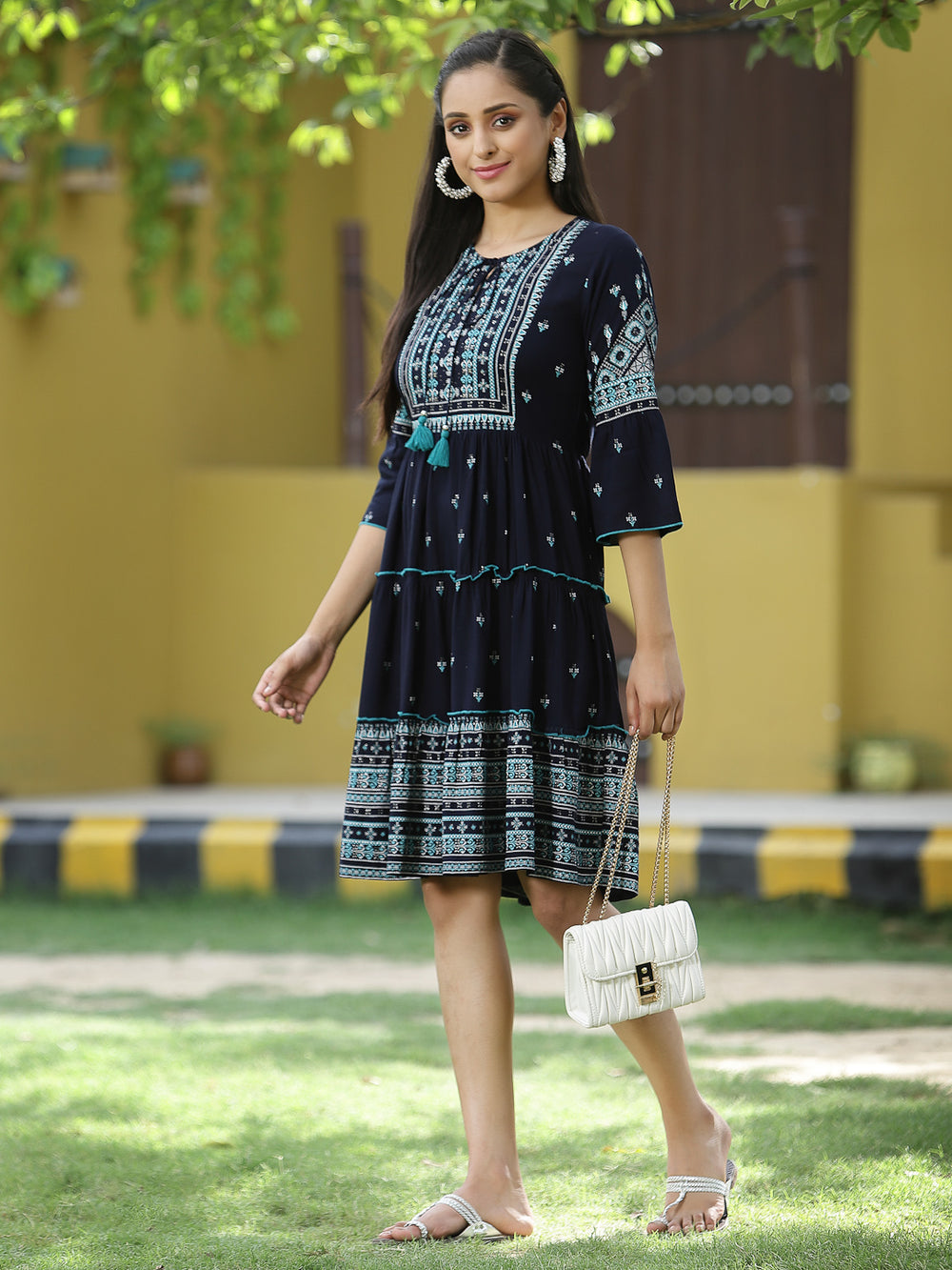Juniper Navy Rayon Festive Printed Tiered Short Dress For Women - Distacart