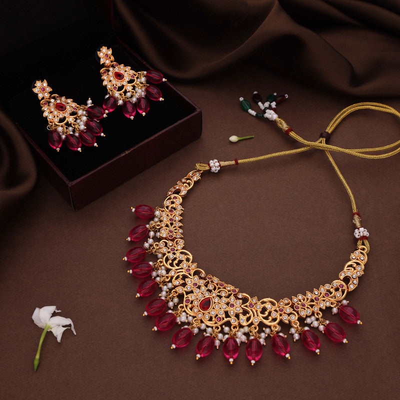 Tehzeeb Creations Gold-Polished Pink Colour Necklace With Stud