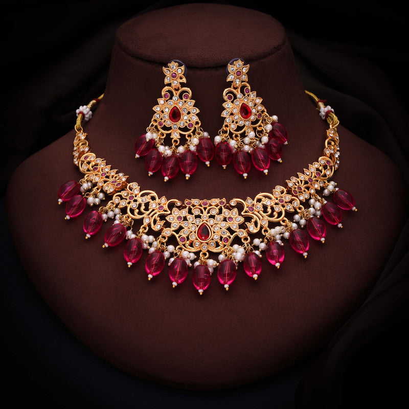 Tehzeeb Creations Gold-Polished Pink Colour Necklace With Stud