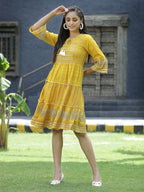 Juniper Mustard Rayon Festive Printed Tiered Short Dress For Women - Distacart