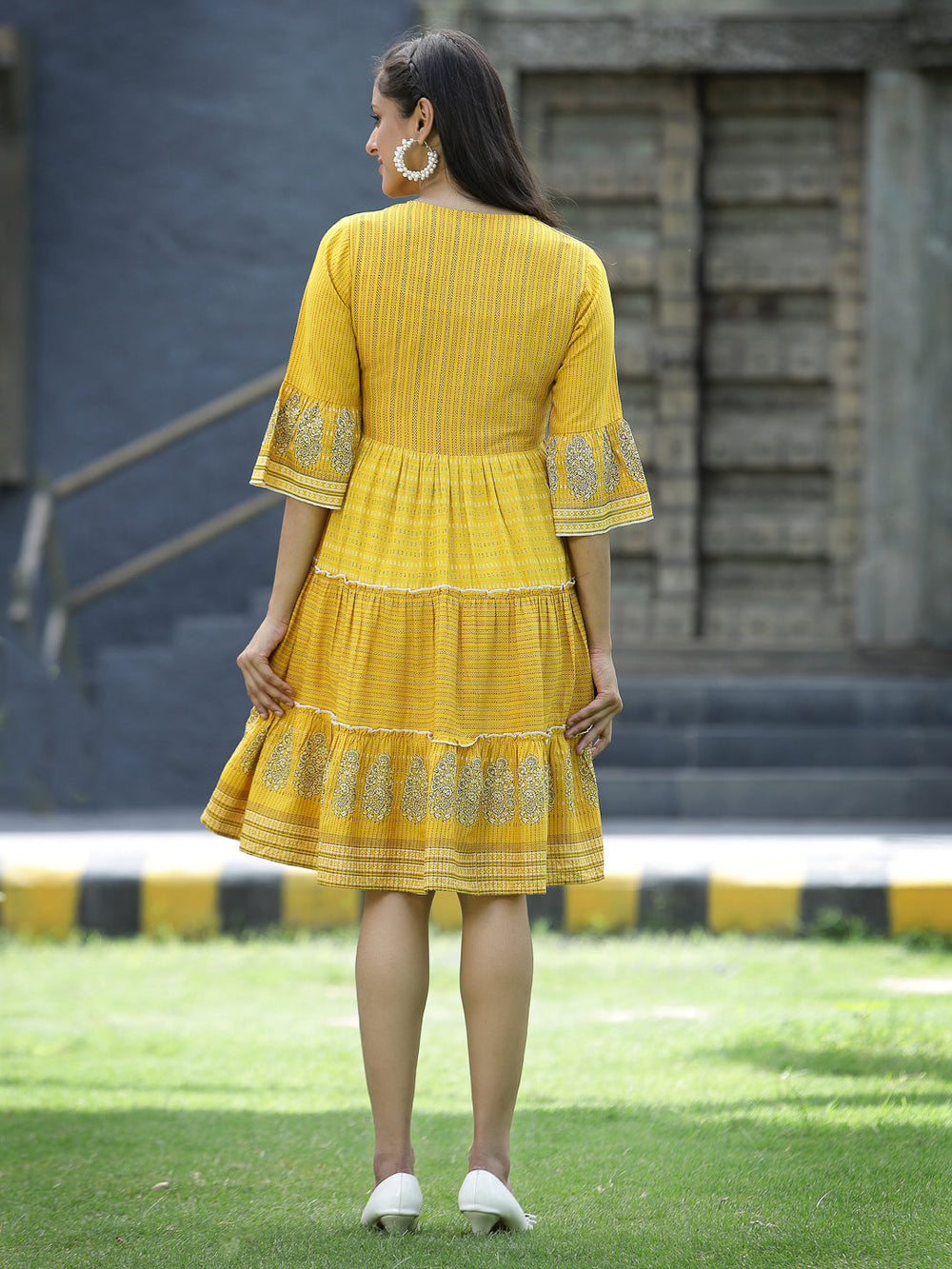Juniper Mustard Rayon Festive Printed Tiered Short Dress For Women - Distacart