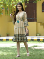 Juniper Beige Rayon Casual Wear Printed Tiered Short Dress - Distacart