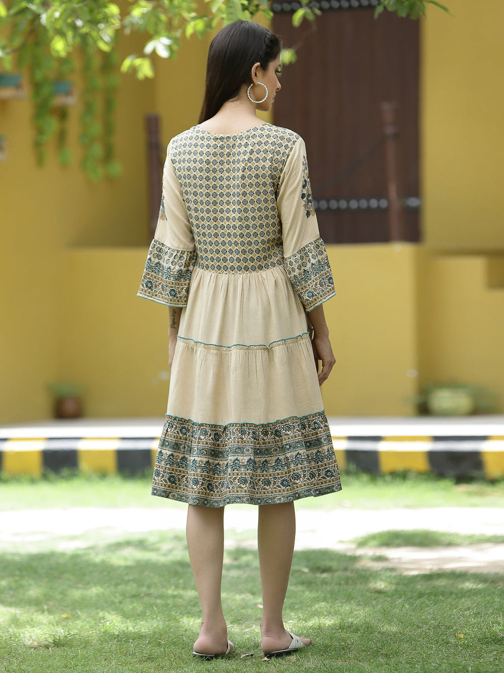 Juniper Beige Rayon Casual Wear Printed Tiered Short Dress - Distacart