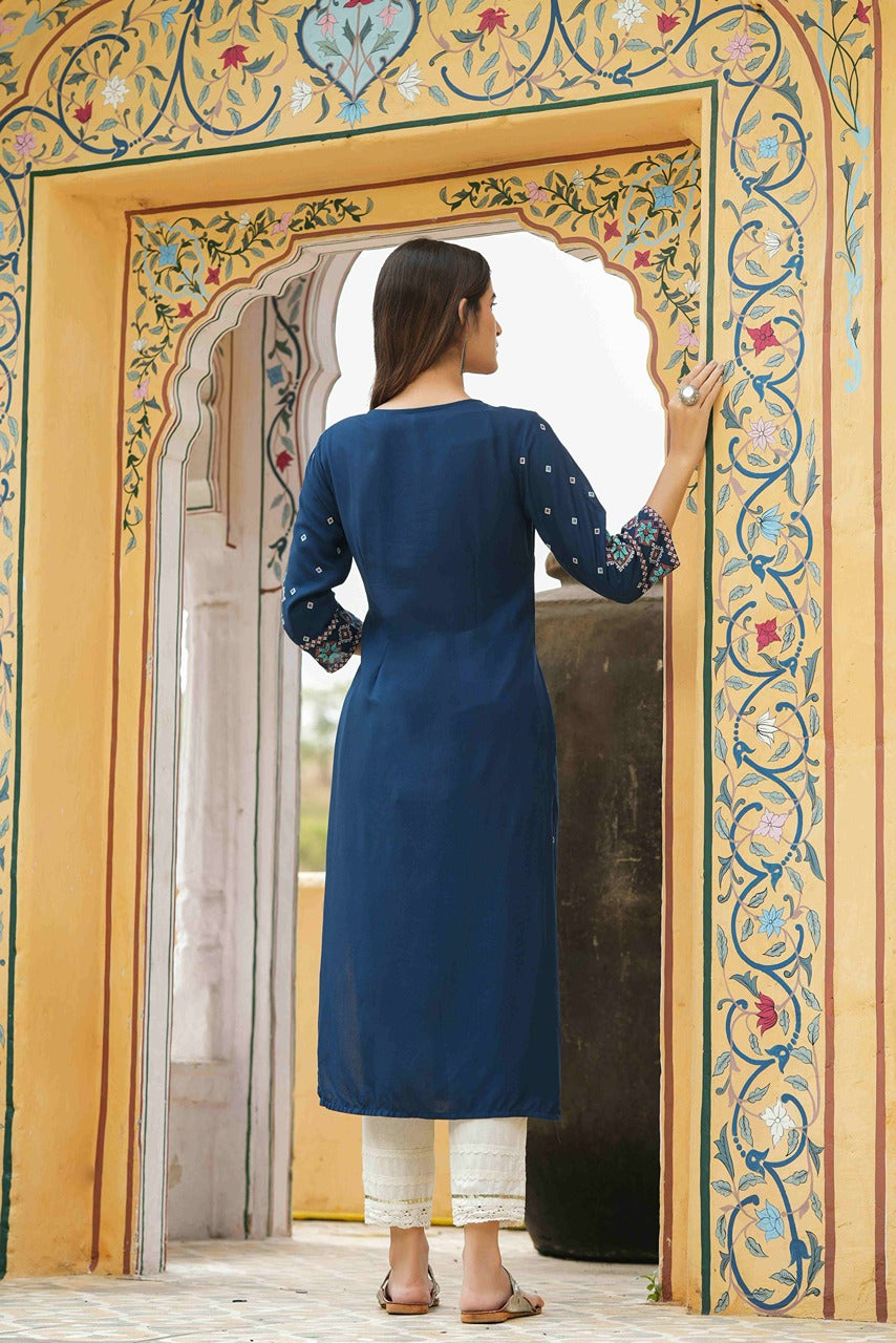 Juniper Blue Rayon Festive Printed Straight Kurta For Women - Distacart