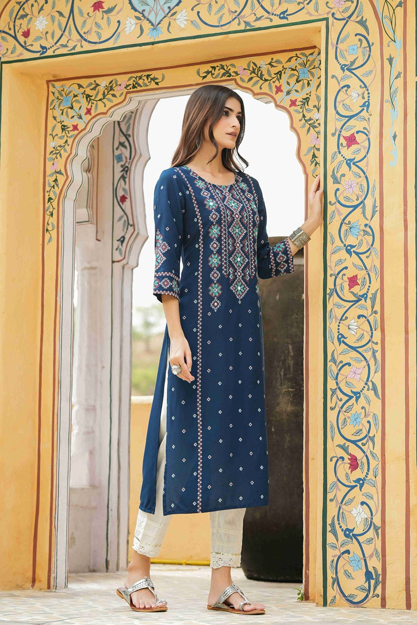 Juniper Blue Rayon Festive Printed Straight Kurta For Women - Distacart