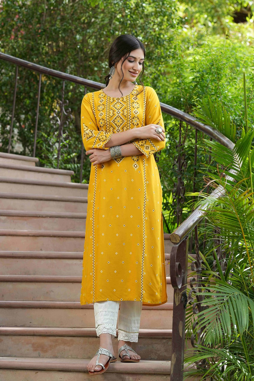 Juniper Mustard Rayon Festive Printed Straight Kurta For Women - Distacart