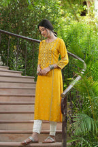 Juniper Mustard Rayon Festive Printed Straight Kurta For Women - Distacart