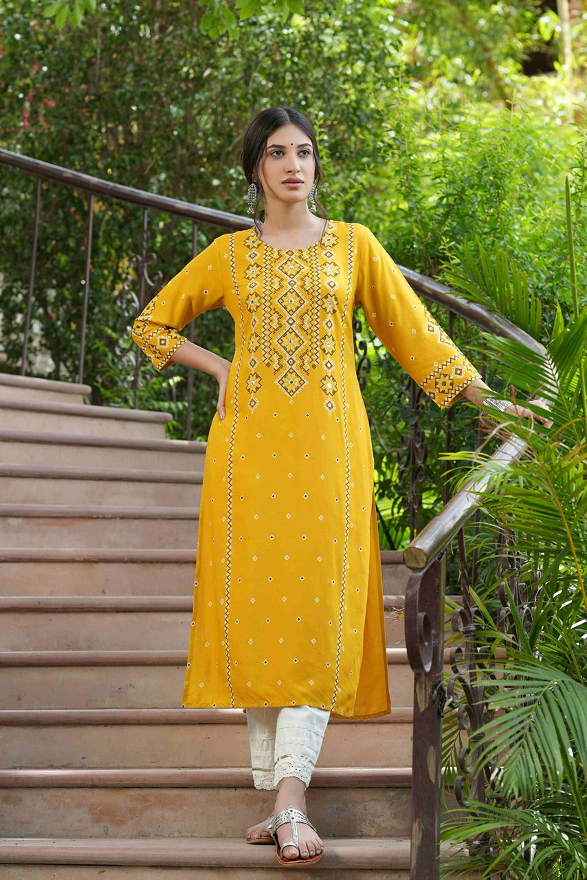 Juniper Mustard Rayon Festive Printed Straight Kurta For Women - Distacart