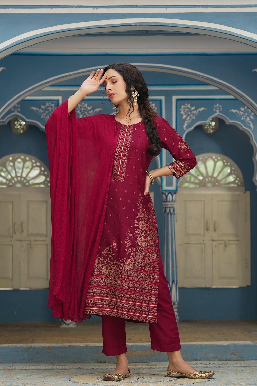 Juniper Maroon Shantoon Festive Printed Straight Skd For Women - Distacart