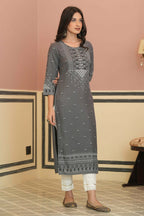 Juniper Grey Rayon Festive Embroidered Straight Kurta For Women - Distacart