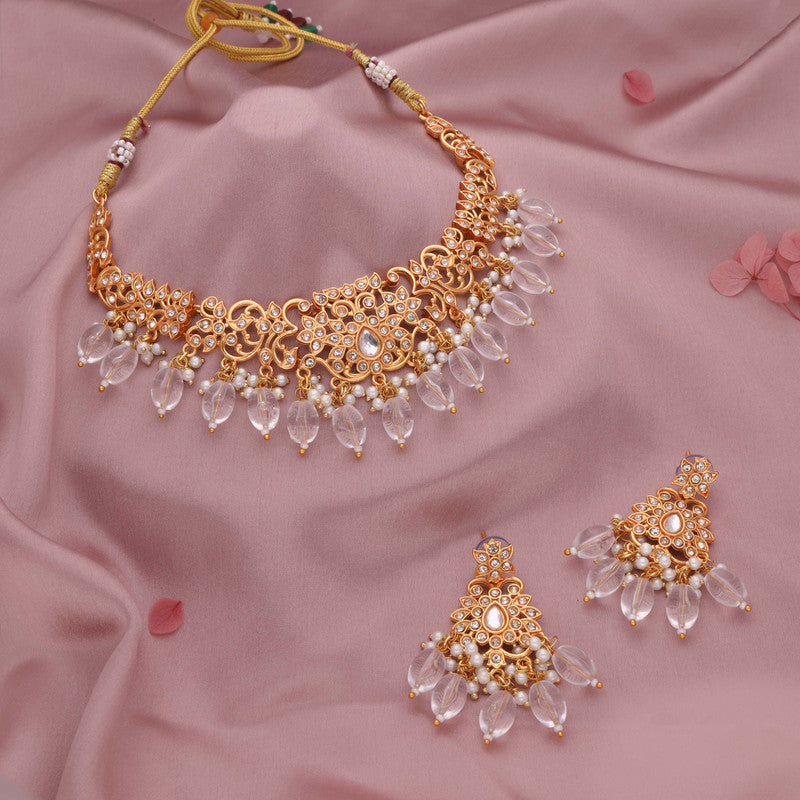 Tehzeeb Creations Gold-Polished White Colour Necklace With Stud