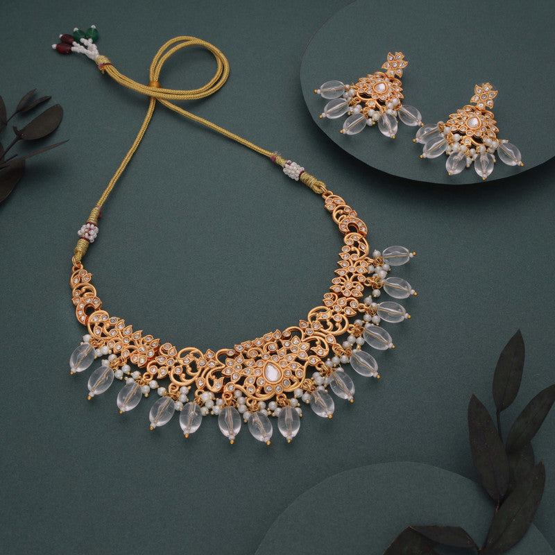 Tehzeeb Creations Gold-Polished White Colour Necklace With Stud