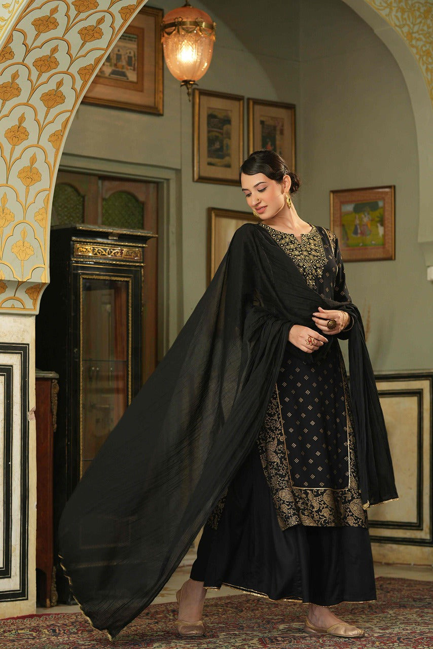 Juniper Black Rayon Festive Embroidered Straight Skd For Women - Distacart